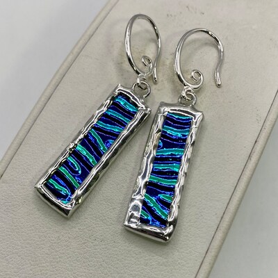 DEEP BLUE Stick Earrings by Hip Chick Glass, Stained Glass Art, Handmade Dangle Drop Earrings, Silver Drop Earrings, Handmade Jewel - image1